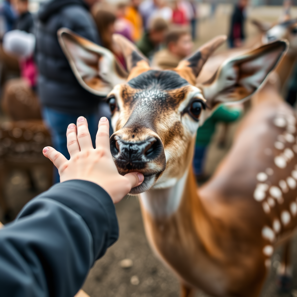 A candid shot of a child's hand reaching out to pet a curious deer at a petting zoo. The deer's nose is slightly blurred as it moves towards the hand, creating a sense of motion. The background is busy but out of focus, hinting at other animals and visitors, flmft style