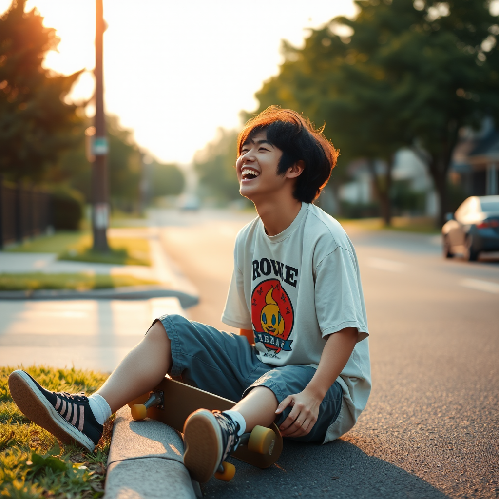 A candid shot of a japanese skateboarder mid-laugh, sitting on the curb of a suburban street. He's wearing a baggy graphic tee, The lighting suggests late afternoon, casting a warm glow on the scene, golden hour, blur, flmft style