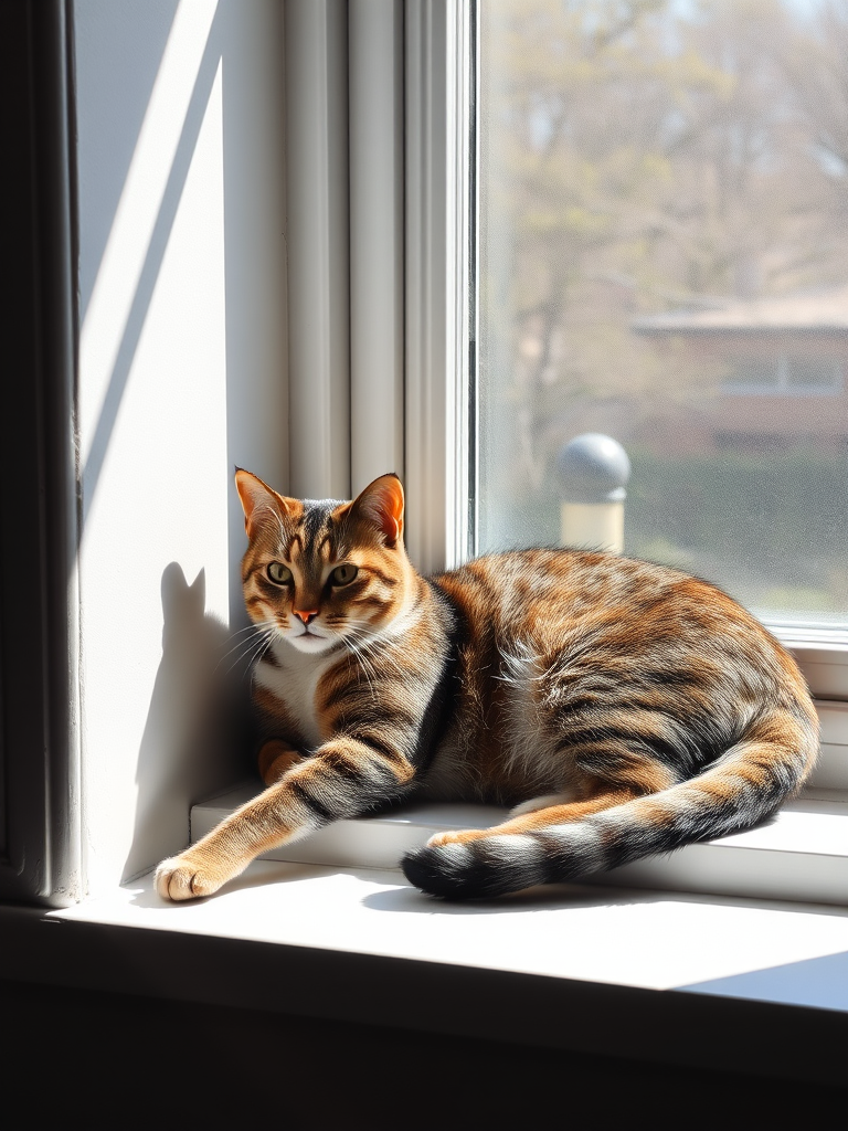 A tabby cat lounging on a sun-dappled windowsill, half its body in shadow, half in bright light, flmft style